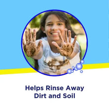 Stain remover ad card showing child with muddy hands and bubbles beside cleaning claim text