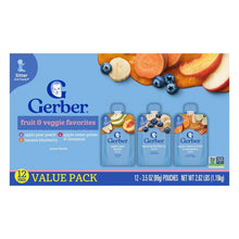 Gerber toddler food pouch variety pack box, showing three pouches and fruit/veg graphics