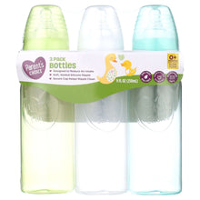3-pack newborn baby bottles with label and green, white, blue tinted bottles
