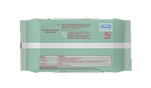 Flushable wipes back panel with text and recycling info on teal wrapper