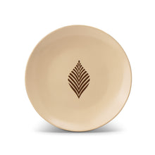 Cream stoneware dinner plate with dark Ocee Leaf leaf-diamond pattern and gold rim