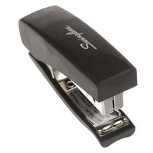 Black soft-grip manual hand stapler, angled view of metal base and magazine