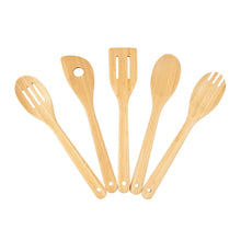 Bamboo cooking utensil set, five pieces with slotted heads and one round-holed tool