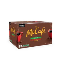 McCafe decaf premium roast coffee pods box from side angle, 94 count and Keurig logo