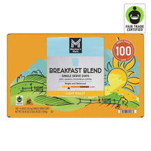 Light roast coffee pods box with Breakfast Blend label and 100 cups badge
