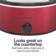 Red slow cooker front with temperature dial and black base trim