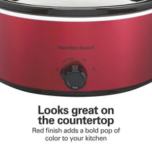 Red slow cooker base with round temperature knob and HamiltonBeach logo.