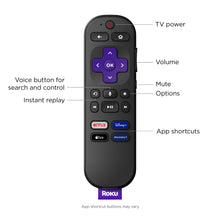 Front view of black Roku voice remote with purple OK pad and labeled buttons