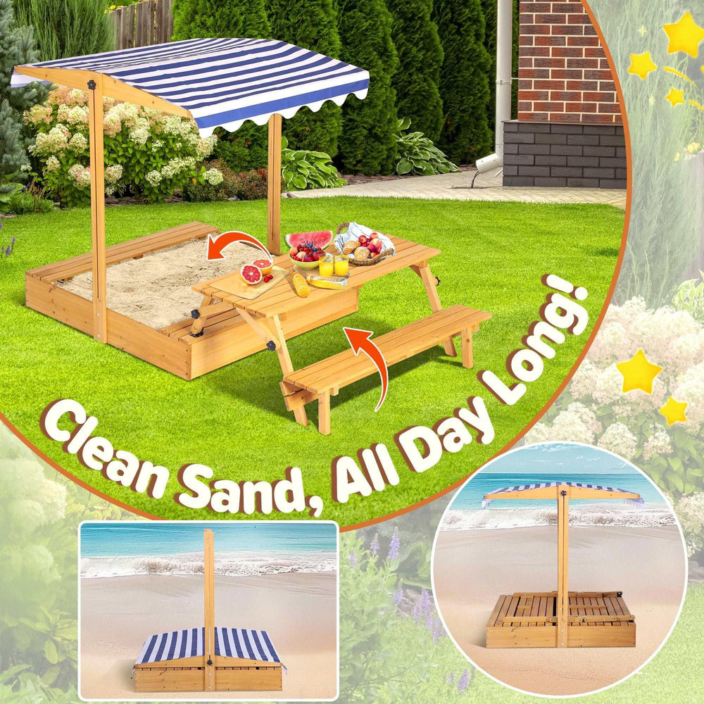 Haverchai Kid Sandbox with Lid, Outdoor Wooden Sand Boxes with Kids Picnic Table, Sandpit with Cover Canopy, Toddler Outdoor Playhouse with 2 Bench, Adjustable Roof & Bottom Liner for Backyard, Beach - USA MEGA SHOP