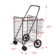 Black folding shopping cart with tall wire basket and swivel caster wheels.