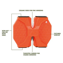 Orange sharpener with non-slip pads and ceramic rod grinding surfaces
