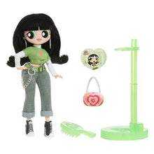 Doll with accessories: pink heart purse, small heart bag charm, and green comb piece.