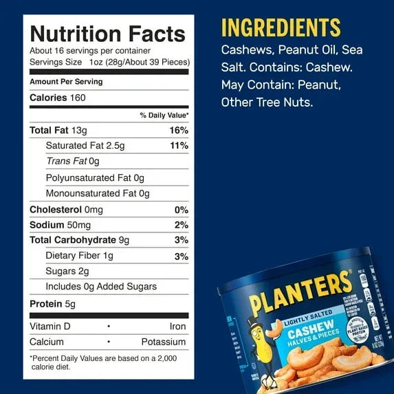 PLANTERS Lightly Salted Cashew Halves and Pieces, Party Snacks, Plant-Based Protein, 8 oz Canister