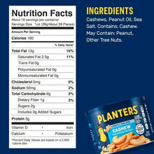 Nutrition Facts and Ingredients panel beside a PLANTERS lightly salted cashew snack can