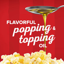 Popping & topping oil promotional graphic with a golden oil pour and popcorn pieces
