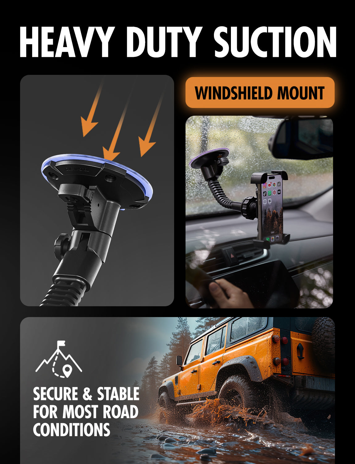 ToughTested Mammoth Windshield Phone Mount with Double-Ribbed Gooseneck, Extra-Large 4.25” Suction Cup, 4-Way Locking Claw Grip, 360° Rotation & One-Button Release