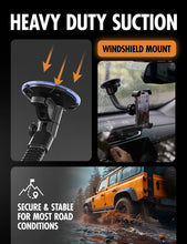 Phone mount on windshield suction base with flexible ribbed arm and claw grip