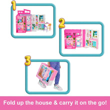 Folded pink doll house playset with snap-on panels for easy carrying