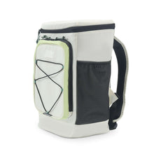 Beige soft cooler backpack with side pocket and black mesh panel, lime trim
