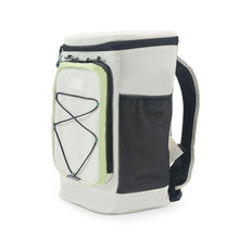 Beige soft cooler backpack with black side panel and carrying strap