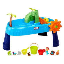Blue treasure island water table toy with green slide, orange wheel, and included accessories