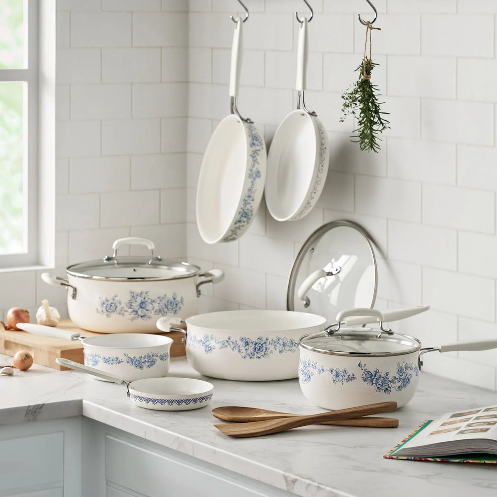 The Pioneer Woman 12-Piece Classic Ceramic Cookware Set, Agatha Blue - USA MEGA SHOP
