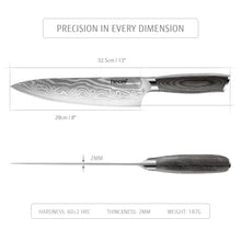 8-inch chef knife with gray Damascus-pattern blade and dark wood handle, shown with measurements