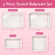 4-piece nested ceramic bakeware set diagram with cookie sheet, roasting pan, cake pan and loaf pan