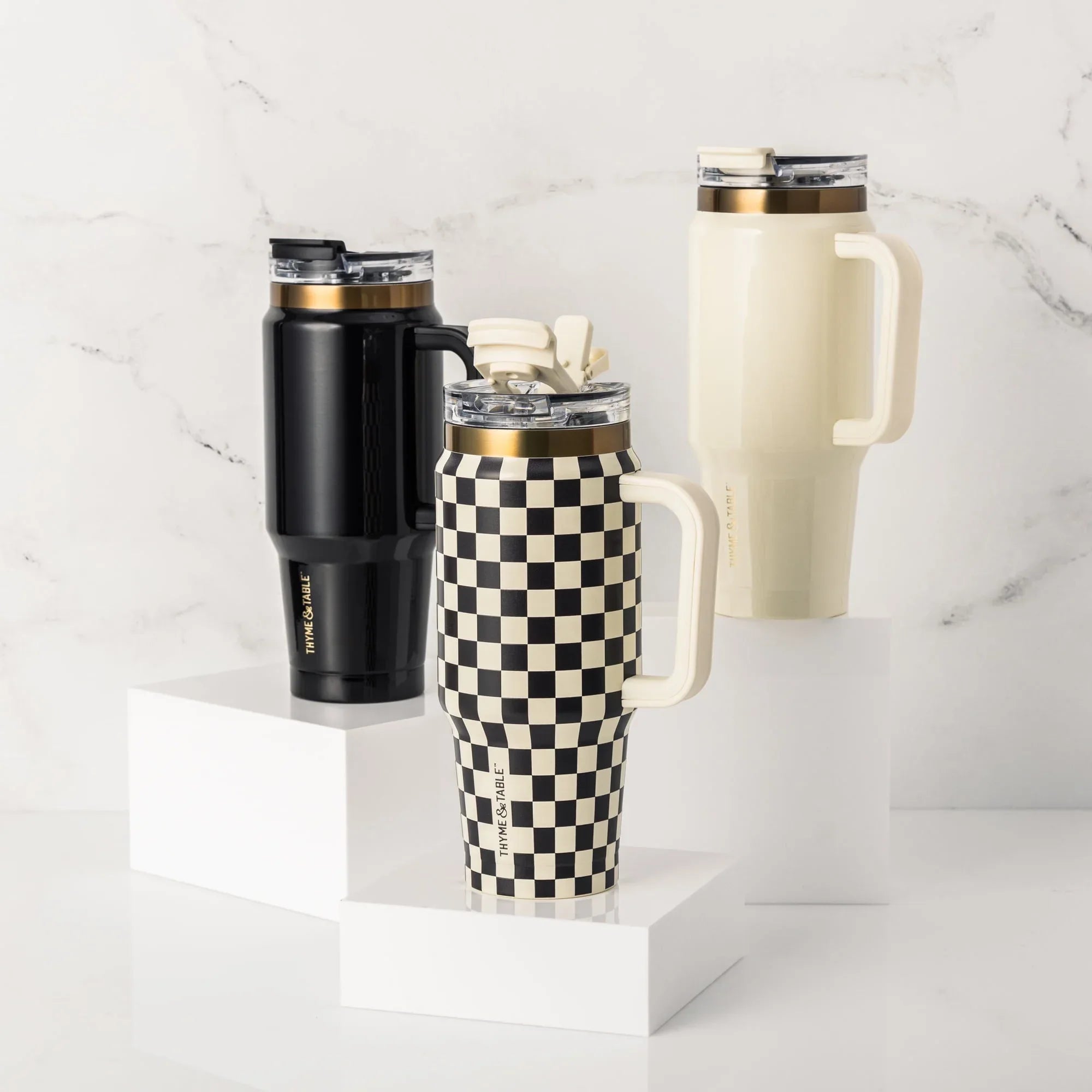 Thyme & Table 32 fl oz Stainless Steel Luna Tumbler with Handle and Dual Straw Lid, Cream & Black Check - USA MEGA SHOP