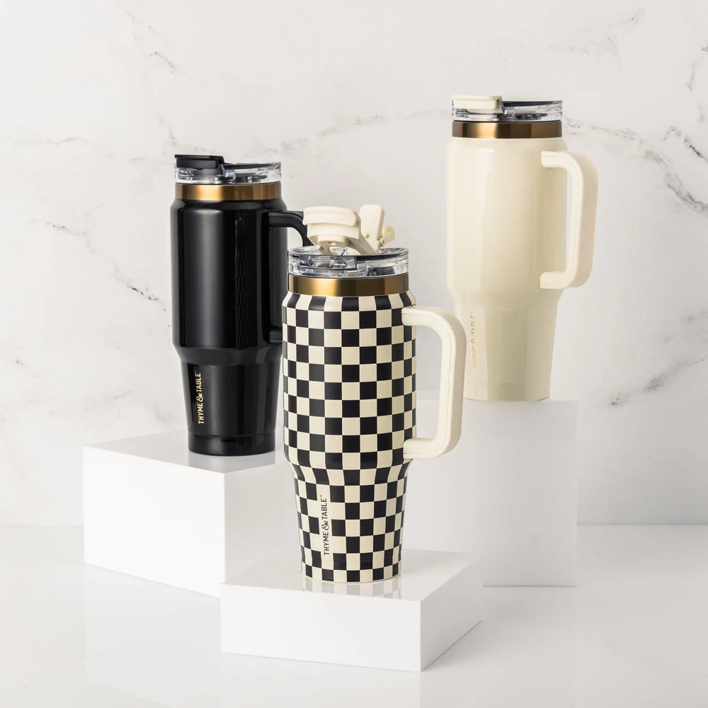Thyme & Table 32 fl oz Stainless Steel Luna Tumbler with Handle and Dual Straw Lid, Cream & Black Check - USA MEGA SHOP