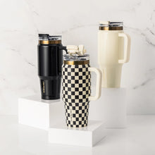 Cream-and-black check Luna stainless steel tumbler with handle and dual straw lid