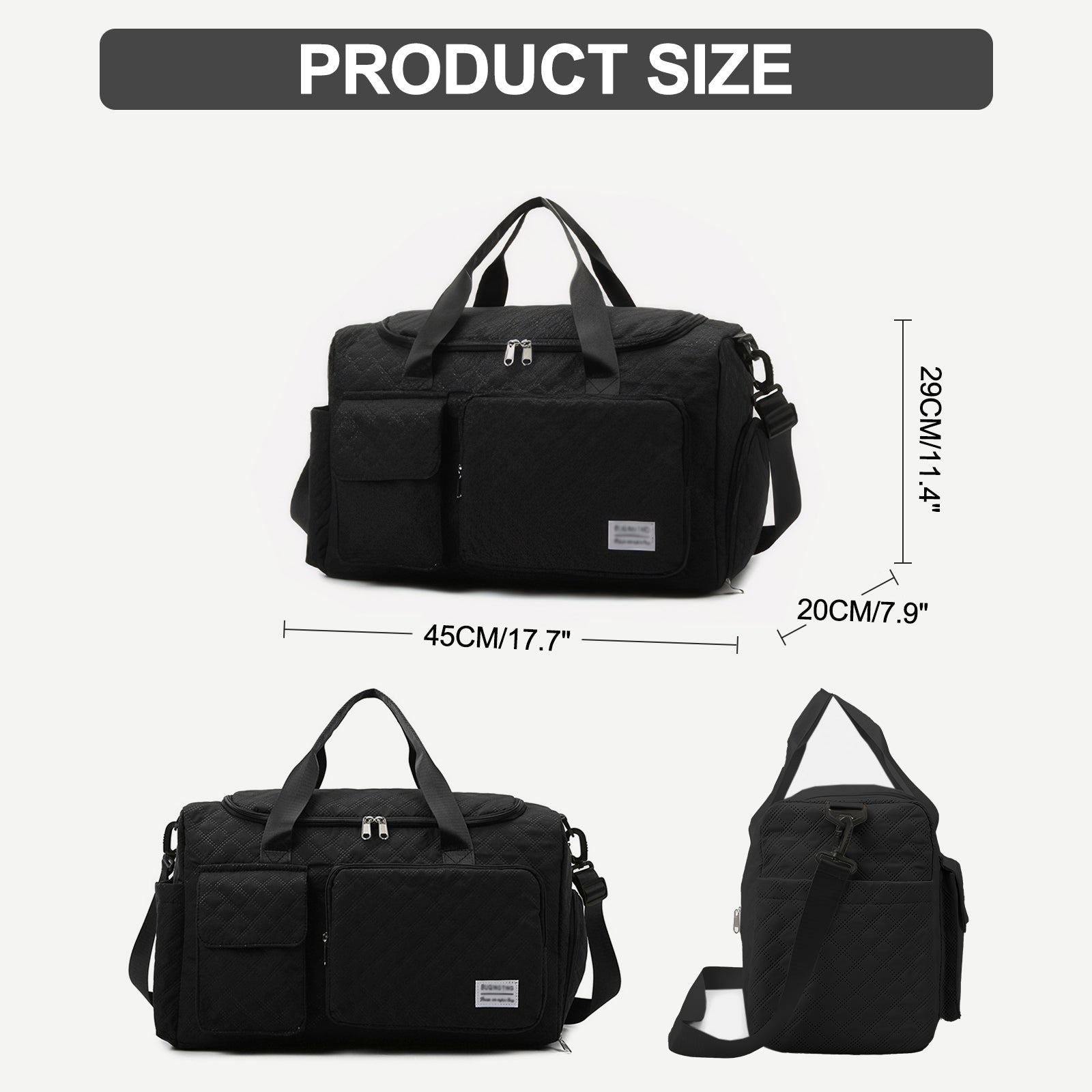 DAKIMOE Travel Duffle Bag for Women Men, Weekender Bags Carry on Gym Bag with Wet Pocket/Adjustable Strap/Shoe Compartment, Foldable Waterproof Overnight Tote Bag for Plane Sports Dance, Black