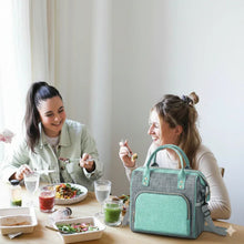 Insulated lunch bag in teal and gray with zip front and adjustable shoulder strap