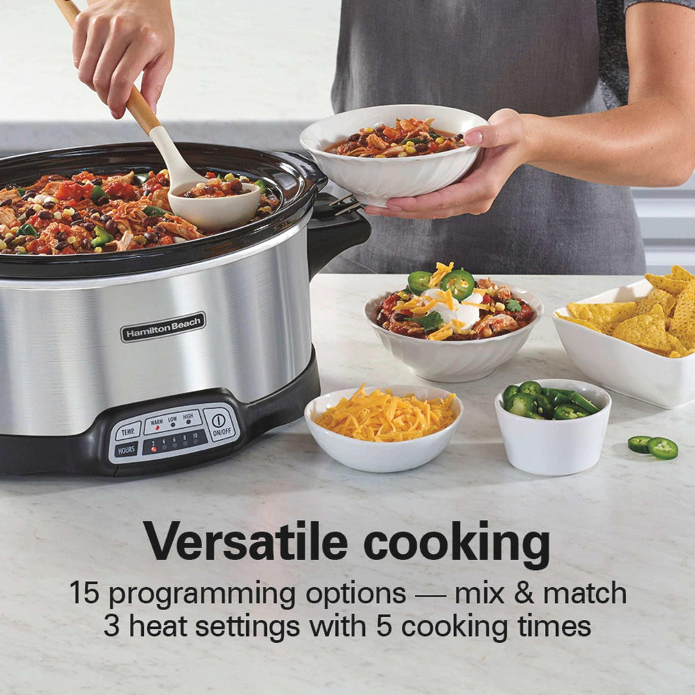 Hamilton Beach 7 Qt Programmable Slow Cooker, Stoneware Crock with Removable Pot, Includes Party Dipper Food Warmer, Stainless Steel - USA MEGA SHOP