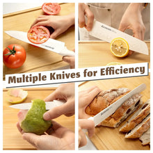 Assorted kitchen knives with white handles slicing vegetables and bread on a wooden board