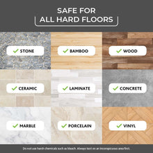 Hard floor compatibility chart with check marks for stone, bamboo, wood, and more