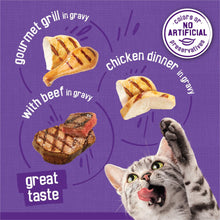 Wet cat food serving pieces with beef and chicken in gravy, grilled shapes