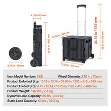 Foldable utility cart with telescopic handle and measuring dimensions on white diagram