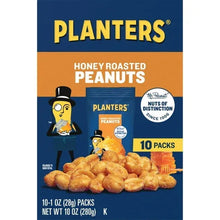 PLANTERS honey roasted peanuts box front with 10 packs label and peanuts illustration