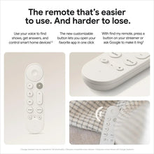 Voice remote for TV streaming, light gray with mic button and control buttons.