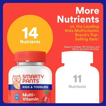 Multivitamin gummy supplement bottle with red cap and 14 nutrients comparison
