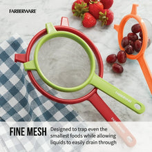 Green and orange stainless mesh strainers with loop handles