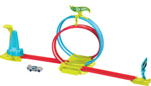 Hot Wheels Neon Speeders track set with car, red rail and blue-green double loop
