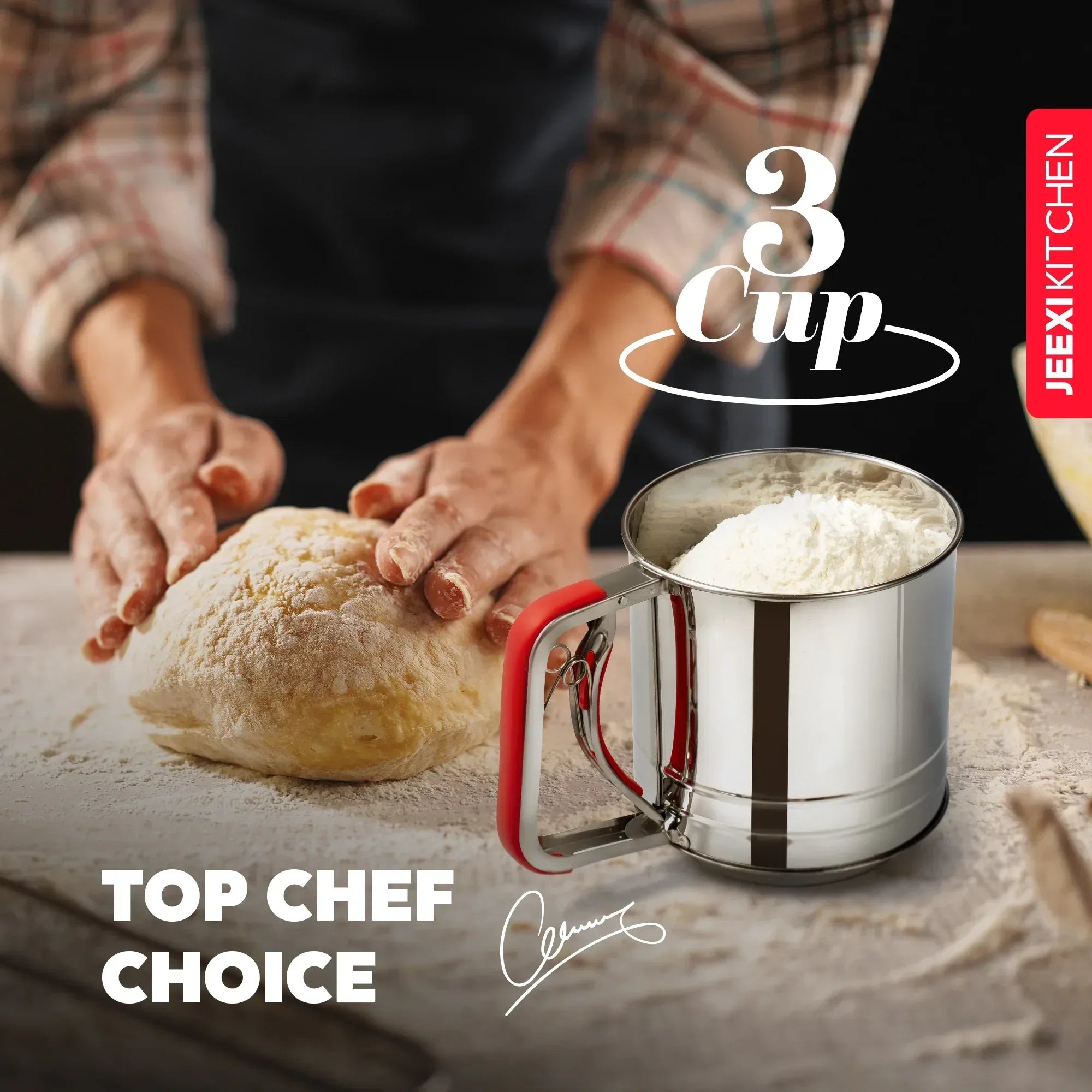 JEEXI Stainless Steel Flour Sifter with Soft Grip Handle, 3 Cup Capacity, Double Layer Fine Mesh for Sifting Flour, Sugar, and Coffee Powder, Durable Kitchen Gadget Tool for Baking and Pastry