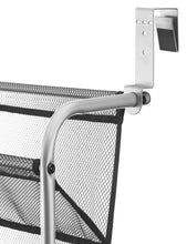 Over-the-door shoe rack, mesh shelves with curved silver support bar and door hook