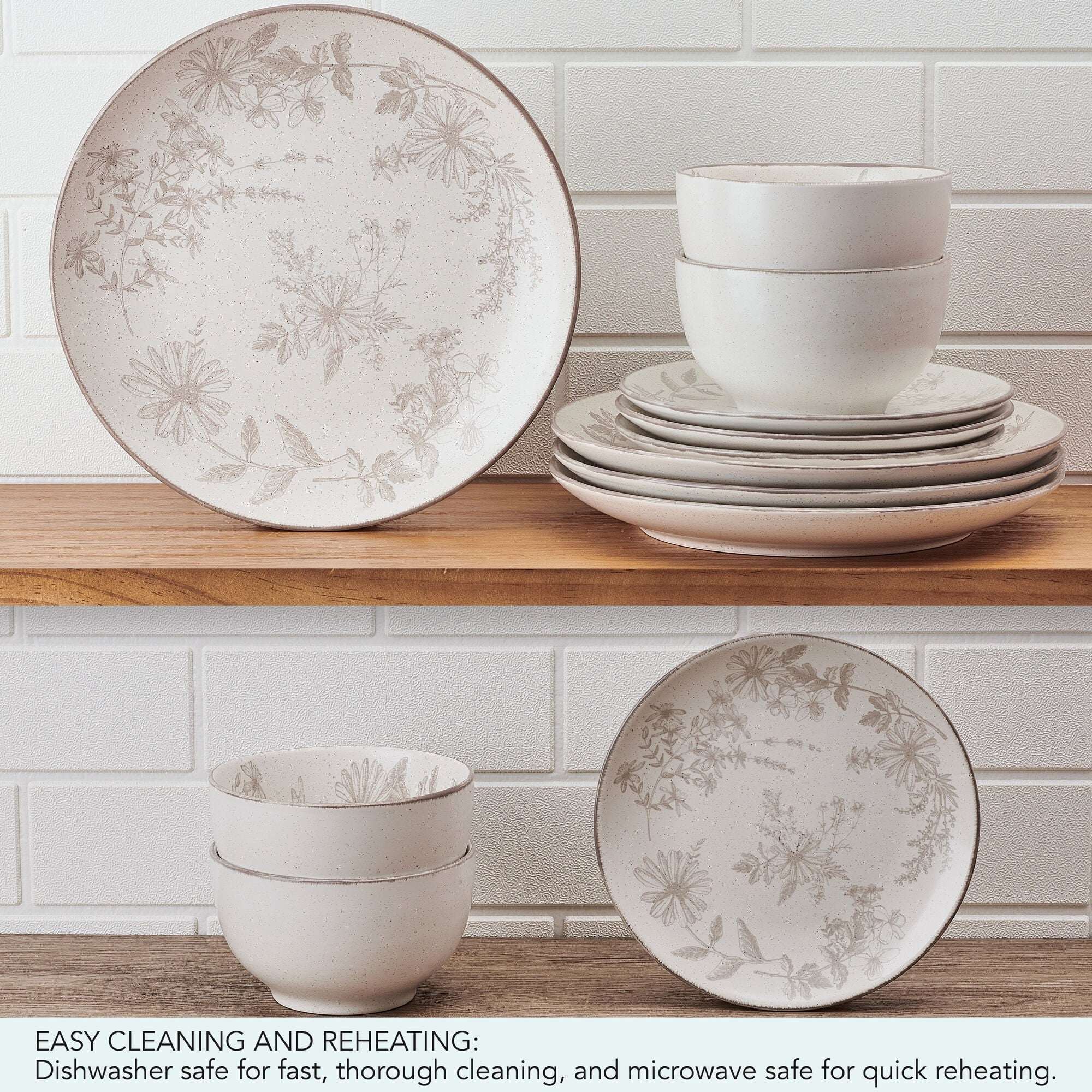Pfaltzgraff Enchanted Bloom 12 Piece Stoneware Dinnerware Set Gray