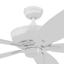 White ceiling fan from below with five blades and pull chain