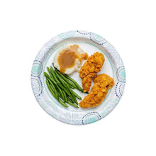 10-inch paper plate with roasted chicken, green beans, and a baked potato