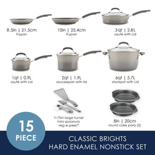 15-piece hard enamel nonstick cookware set in gray with matching lids and tools