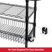 3-tier utility cart corner view with wire shelves and swivel caster wheels.